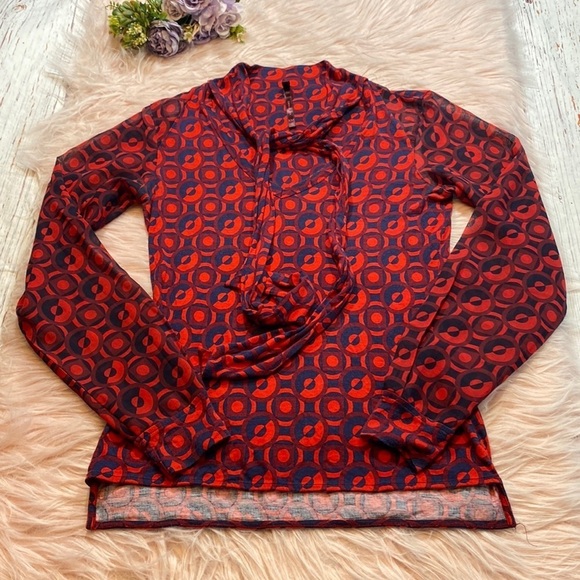Karen Millen Tops - Karen Millen Red Blue Pattern Sheer Sleeve Tie Neck Long Sleeve Top sz 4
